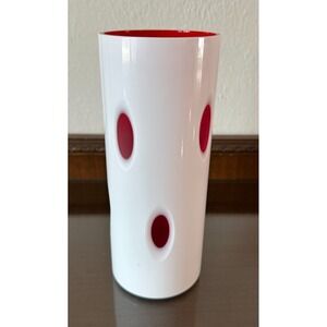 Mid Mod Bohemian Cased White Overlay‎ Cut To Red Oval MCM Art Glass Vase 8.5''
